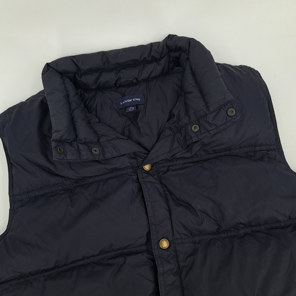 Lands' End Puffer Vest Mens XL Navy Blue Down Filled Quilted Snap Front